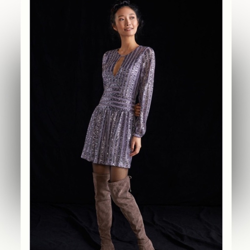 Anthropologie Lilac Purple Sequin Open Back Long Sleeve Mini Dress Size 6